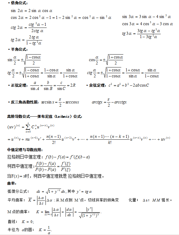 成人高考高起點(diǎn)高等數(shù)學(xué)公式(2)